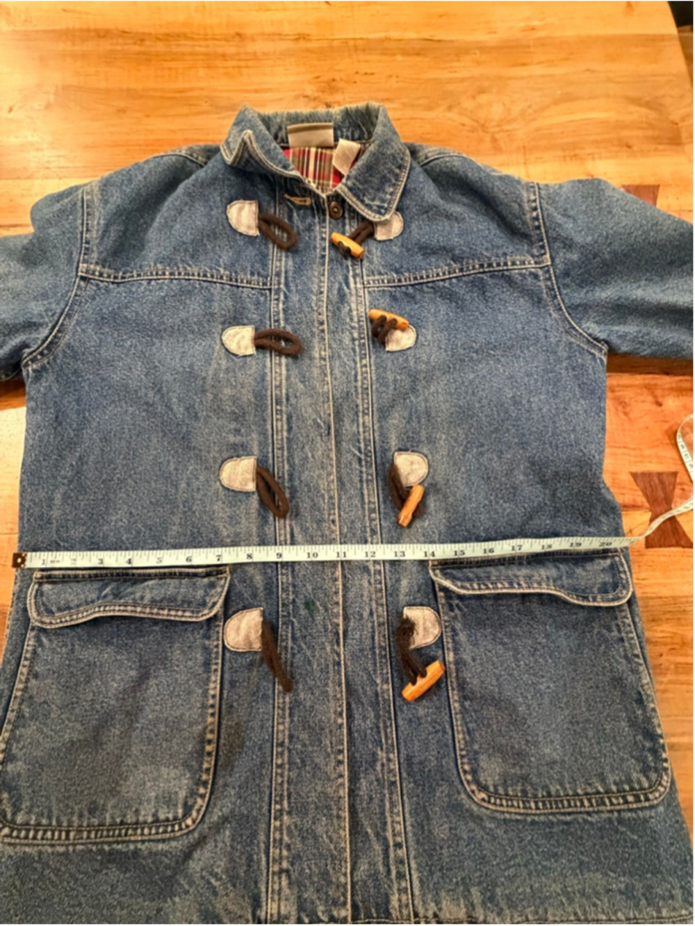 Liz Claiborne Denim Toggle Coat Jacket Plaid Lined Vintage 90s Boho Petite P - Picture 10 of 13